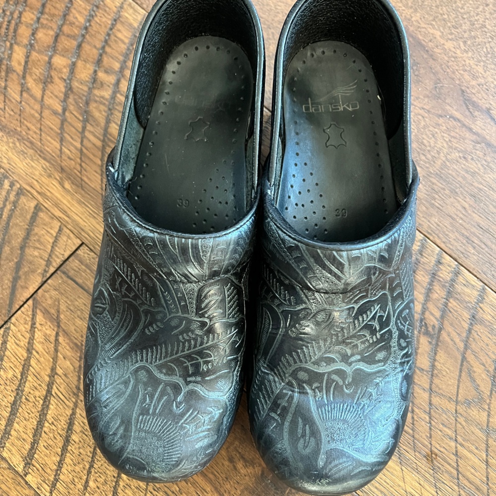 Dansko Black Embossed Leather Clogs